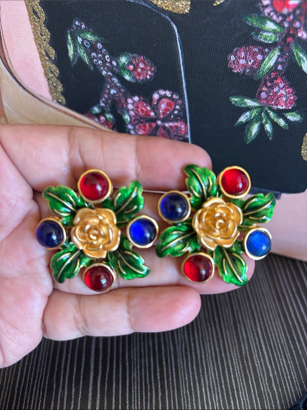 Gold Rose Floral Clip-On Earrings in Green with Red & Blue Cabochons
